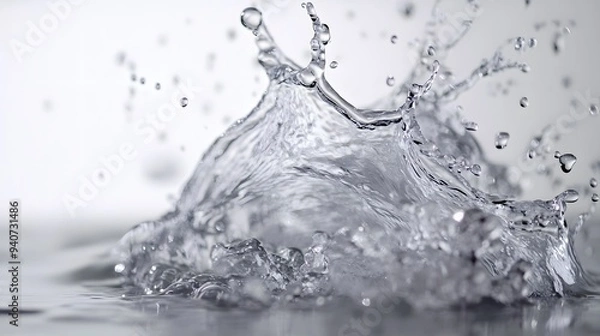 Obraz Water Splash: A dynamic splash of water suspended mid-motion, droplets frozen in time against a stark white background.
