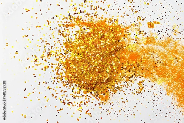 Fototapeta Golden shiny dusty transparent background.Crumbs of gold dust scattered across the white background. Gold dust in dynamic motion. Golden confetti.