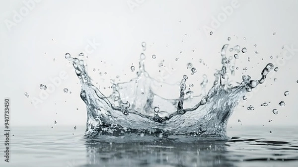 Fototapeta Water Splash: A dynamic splash of water suspended mid-motion, droplets frozen in time against a stark white background.
