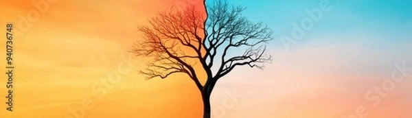 Fototapeta Silhouetted tree against a vibrant sunset and dawn sky, symbolizing the beauty of nature and the passage of time.