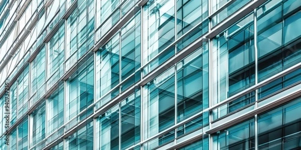 Fototapeta Close-up view of a modern steel and glass facade showcasing contemporary architecture in a bustling urban environment