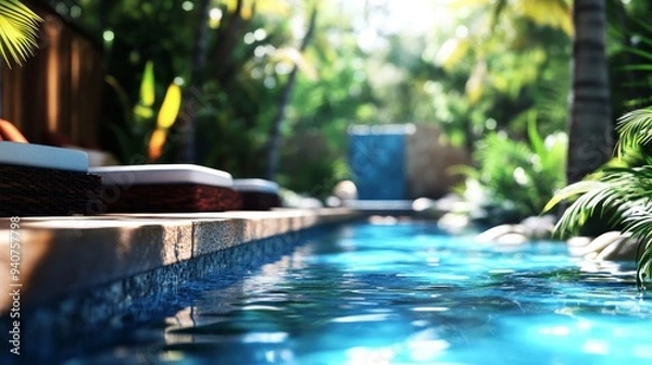 Fototapeta A refreshing view of a sparkling pool surrounded by lush greenery and sunlight.  The perfect escape for relaxation and enjoyment.