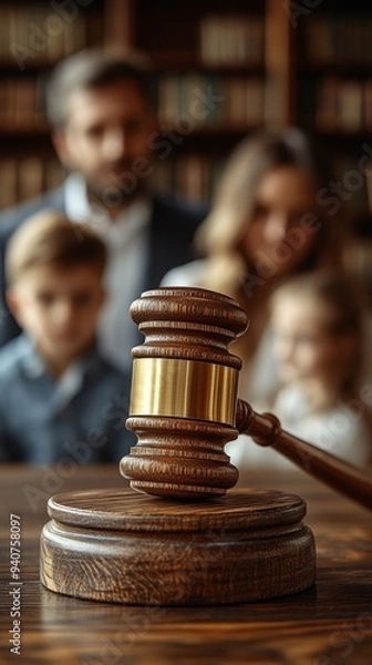 Fototapeta Family Law Concept: Judge's Gavel with Divorcing Parents and Child Silhouette. Legal Representation in Custody Battles, Alimony Negotiations, and Fair Asset Division. Civil Court Proceedings for Equit