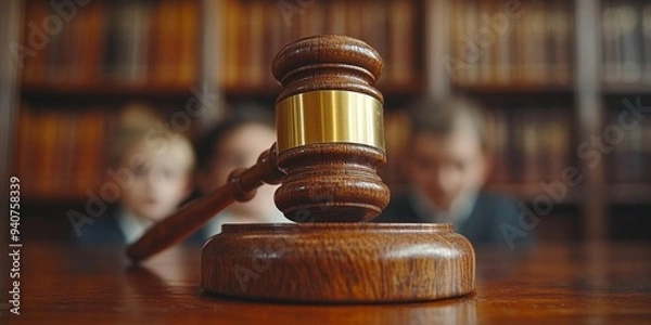 Fototapeta Family Law Concept: Judge's Gavel with Divorcing Parents and Child Silhouette. Legal Representation in Custody Battles, Alimony Negotiations, and Fair Asset Division. Civil Court Proceedings for Equit