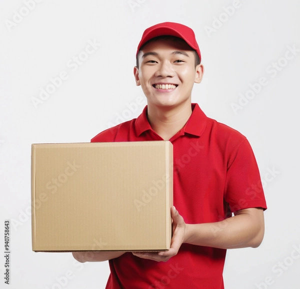 Fototapeta Mail delivery, an Asian guy in a red T-shirt and cap holds a paper box in his hands on a light background