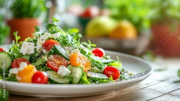 Fototapeta A vibrant salad on a white plate, bright with greens, tomatoes, and feta, looks appetizing and fresh.