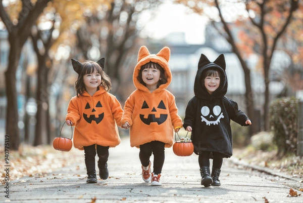 Obraz ハロウィンのお祭りでお菓子をもらって喜んでいる可愛い仮装をした日本人の幼い子どもたち
