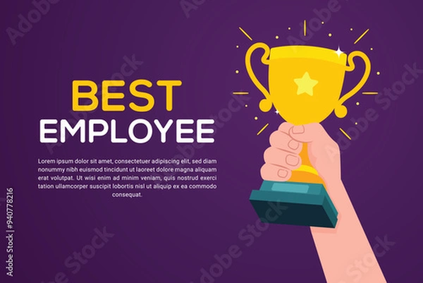 Fototapeta Top employee, best Employee, competition winner and best performence. Hand holding trophy in flat style vector illustration