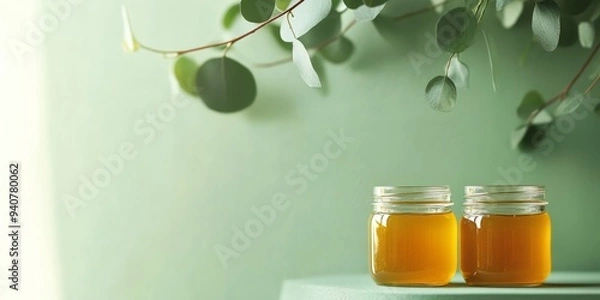 Fototapeta Minimalist scene with homemade preserve jars and eucalyptus leaves