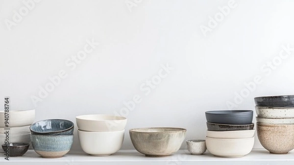 Fototapeta Kitchenware including a cupboard and bowls are arranged on a table against a white backdrop, leaving ample space for text. This setting evokes the concept of home kitchen decor.
