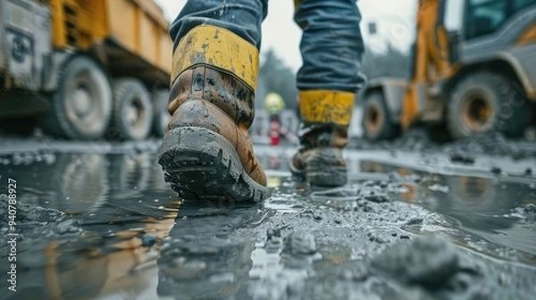 Obraz Worker on Wet Floor at a Construction Site, Emphasizing Accident Risks