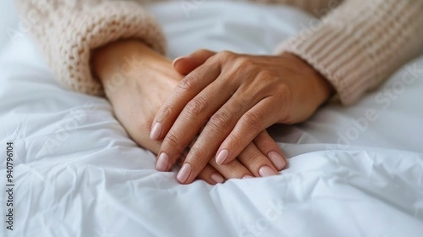 Fototapeta Intimate scene of a woman in a hospital bed holding the hand of a loved one capturing the emotional support and vulnerability during a difficult cancer treatment journey