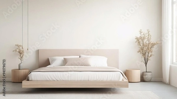 Fototapeta Minimalist bedroom with a floating bed and minimal decor, modern design, calm and serene