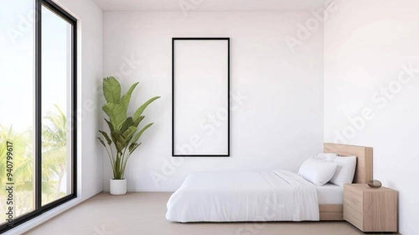 Fototapeta Minimalist bedroom with a single large window and no curtains, open view, modern simplicity