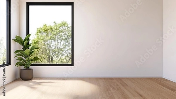 Fototapeta Minimalist bedroom with a single large window and no curtains, open view, modern simplicity