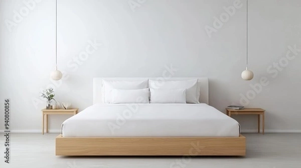 Fototapeta Minimalist bedroom with a white bed frame and matching bedding, monochromatic design, sleek aesthetic