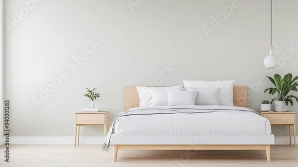 Fototapeta Minimalist bedroom with a white bed frame and matching bedding, monochromatic design, sleek aesthetic