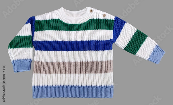 Fototapeta Multi Colorful Striped Knit Sweater Jumper. Colorblock Knit Jumper Sweater and Multi Colored Knit Crewneck Sweater on Isolation white Background. Top-10 everyday 