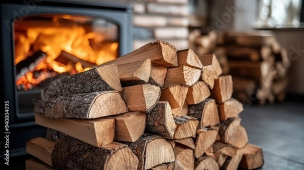 Obraz Pile of firewood for fireplace at home