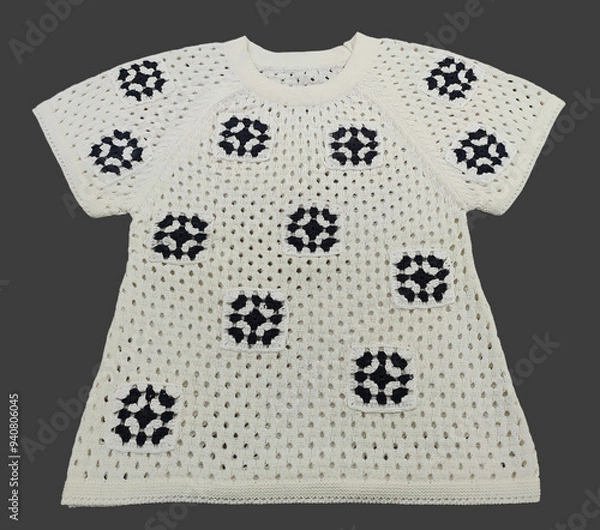 Fototapeta Girls Flower Floral Knitted Full Sleeves Pullover Sweater. Pointelle Sweater Knit Flower Design Patterns and Colorblock Knitwear Sweatshirt on Isolation Brown Background.