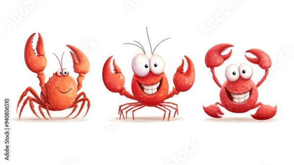 Fototapeta Cartoon characters of red shrimp, crab, and lobster, each with smiling faces and googly eyes, isolated on a white background. Perfect for seafood-themed designs or playful illustrations.