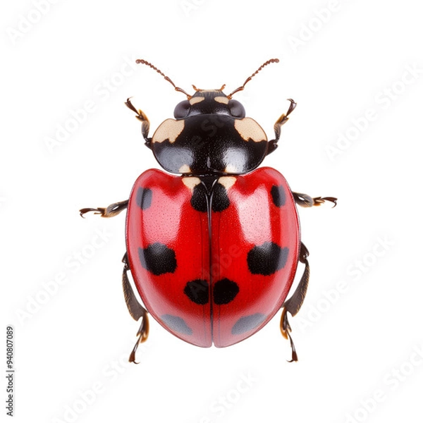Fototapeta Red and black spotted ladybug crawling with wings slightly open isolated on transparent background 