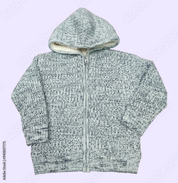 Fototapeta Toddler Hoodie Cap Knit Sweater with Front Zip Up Hoodie Jacket. Colorblock Long Sleeve and Sherpa Hoodie Knit Jacket Knitwear Sweatshirt on Isolation White Background