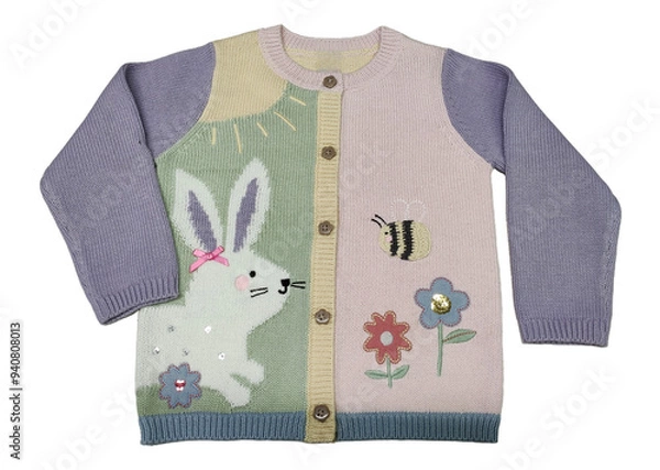 Fototapeta Girls Bunny Knit Flower floral Knitted Full Sleeves Pullover Sweater With Set part flower Design Patterns and Colorblock Knitwear Sweatshirt on Isolation pink Background Knitwear sweatshirts