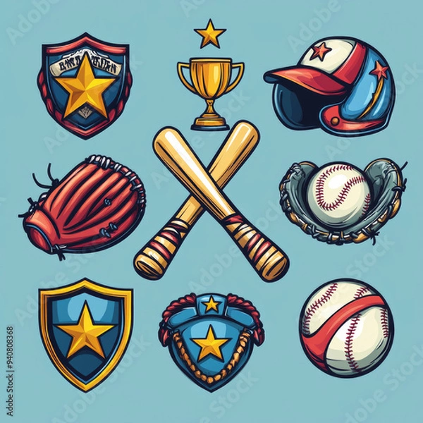 Fototapeta Collection of seven distinct baseball emblems or logos, featuring crossed bats with a trophy, glove, helmet, baseball with stars, and shields.