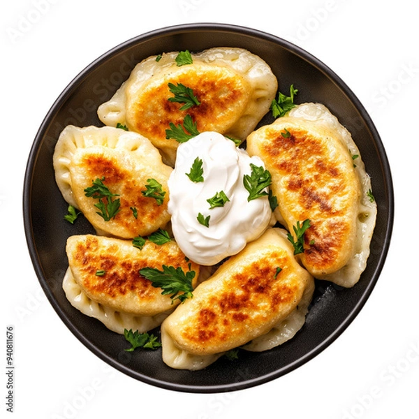 Obraz Top view of Polish pierogi with sour cream on a dark plate isolated on transparent background 