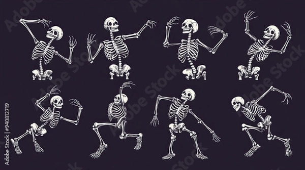 Fototapeta Skeleton dance featuring Halloween-themed characters. Dancing skeletons groove to a haunting beat, rattling bones with macabre delight. Vector set of animated spooky characters.