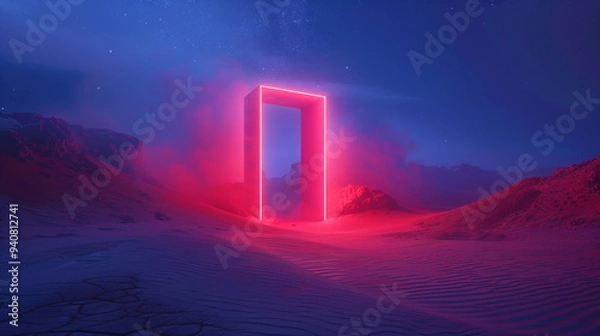Obraz Vibrant neon doorway illuminating rocky terrain, Surreal nighttime landscape with futuristic portal element