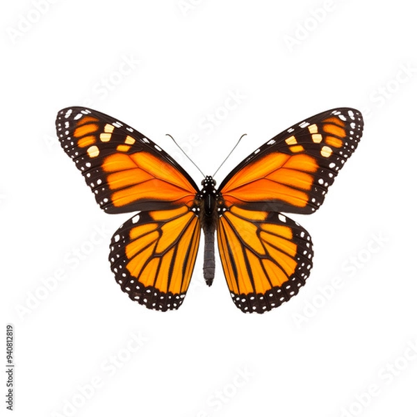 Fototapeta Vivid orange monarch butterfly gently resting isolated on transparent background 