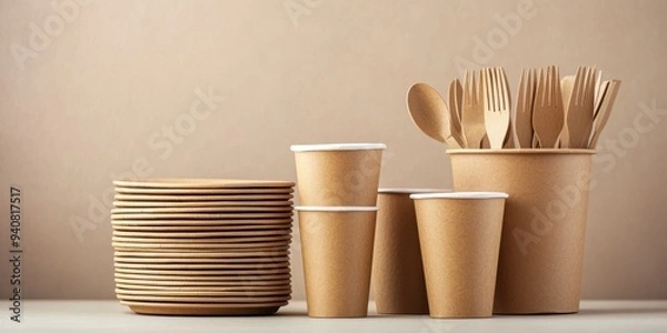 Fototapeta Eco-friendly disposable tableware set made of brown paper, featuring plates, cups, and cutlery arranged neatly on a neutral background