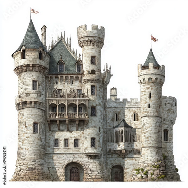 Obraz Medieval castles of a fairy-tale kingdom, featuring a fortified fortress with walls and towers. Includes vintage arched windows with balconies, turrets with flags, and the royal residence of a brave.