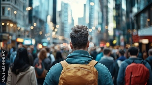 Fototapeta Man with Backpack in Busy City Street