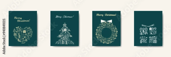 Fototapeta 線画のクリスマスカード　セット　ハート　ツリー　リース　プレゼント