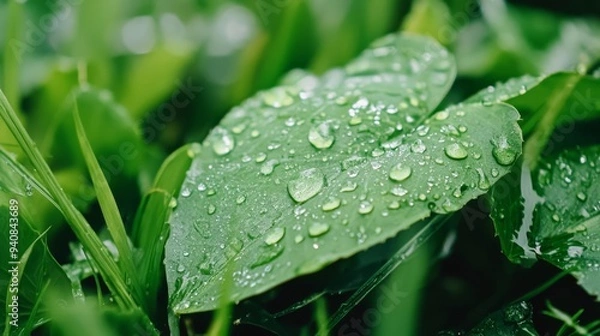 Obraz  A tight shot of a wet green leaf, speckled with water droplets, against a backdrop of verdant grass In the foreground, individual blades of grass and leaves