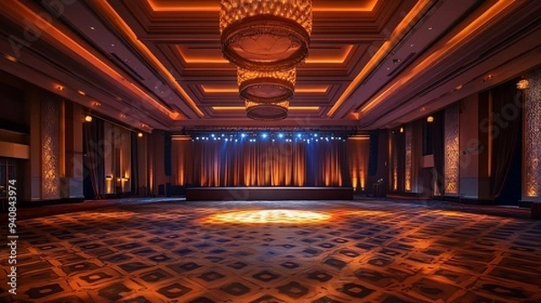 Fototapeta Spacious Event Hall with a Stage Adorned with Soft Lighting and Patterned Carpet
