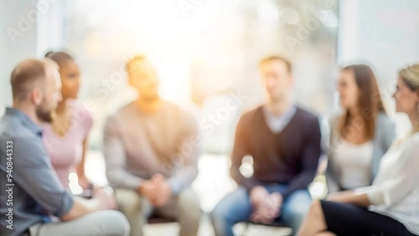 Fototapeta "Mental Health Support Circle: Out-of-Focus Background" - Individuals in a group therapy session, with a background that is gently out of focus.
