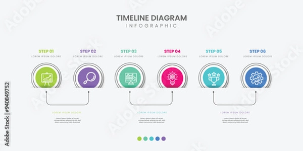 Fototapeta Timeline Creator infographic template. 6 Step timeline journey, calendar Flat simple infographics design template