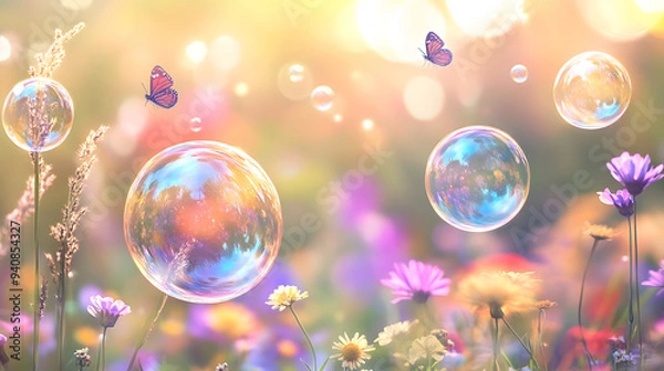 Fototapeta Spring Meadow Soap bubbles gliding over a blooming spring meadow, with wildflowers, tall grasses, and butterflies in the background