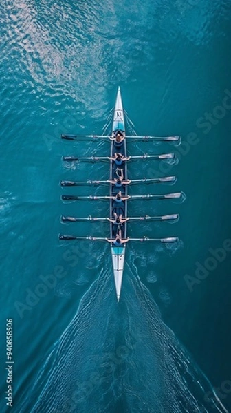 Fototapeta A group of rowers in sync, showcasing teamwork and focus while navigating a serene lake
