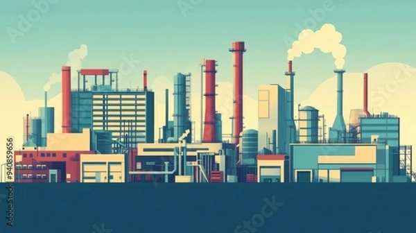 Fototapeta Industrial complex with smokestacks and machinery.
