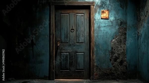 Fototapeta Weathered wooden door in a dilapidated, mysterious blue room with a single glowing light.