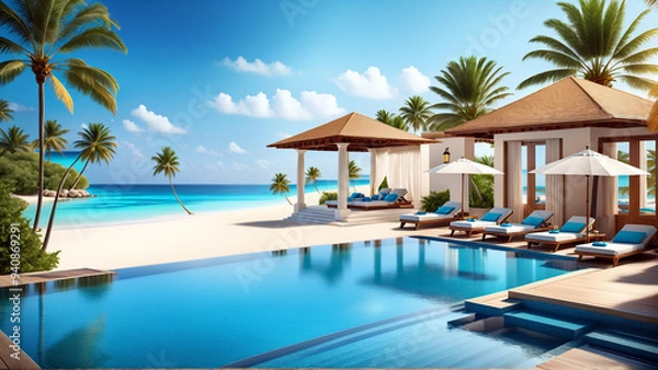 Fototapeta pool in the resort, beautiful villa, pool with trees in hotel
