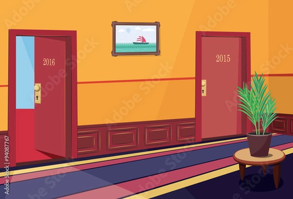 Fototapeta Interior luxury hotel hallway. New Year background 2016. Simple cartoon vector illustration.