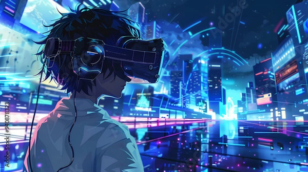 Fototapeta anime characters playing vr games with game world background