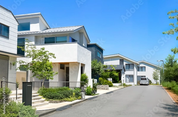 Obraz 並んだ家の白い壁と青い空が爽やかな住宅街