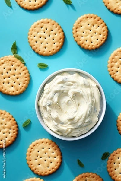 Fototapeta Crispy crackers biscuits and cream cheese. Top view, flatlay. Generative Ai